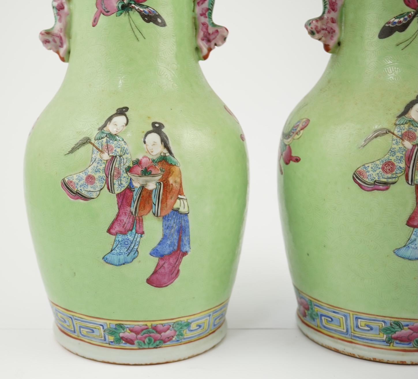 A pair of Chinese lime-green sgraffito ground vases, late 19th century